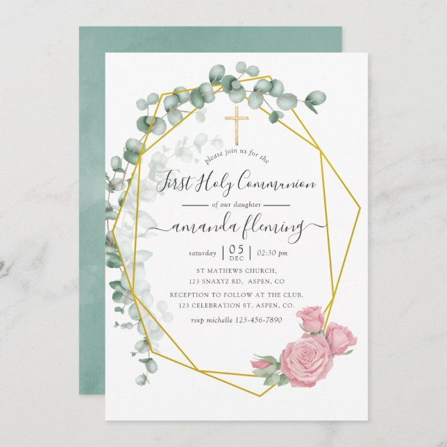 Eucalyptus Rose Geometric Holy Communion Invitation (Front/Back)