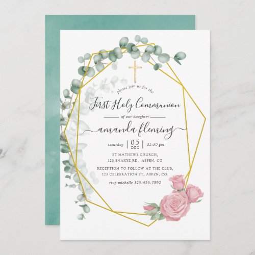 Eucalyptus Rose Geometric Holy Communion Invitation