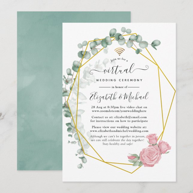 Eucalyptus Rose Geometric Online Virtual Wedding Invitation (Front/Back)