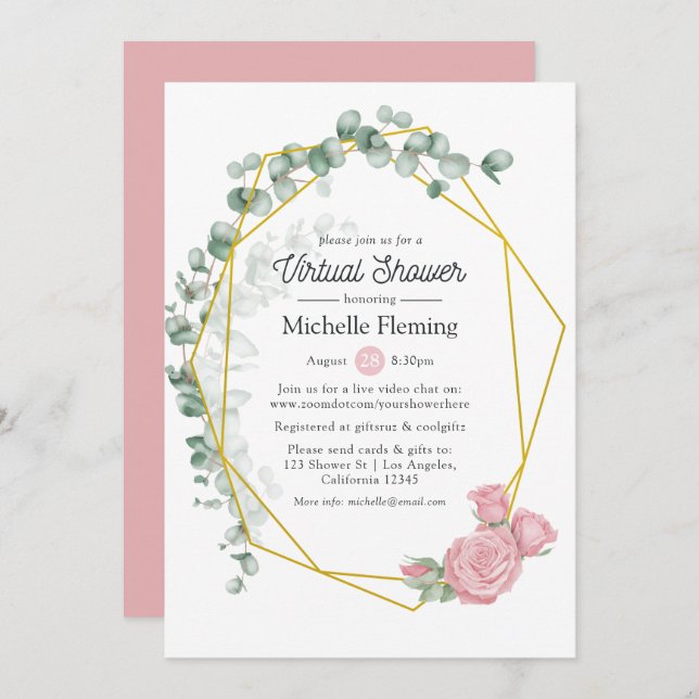 Eucalyptus Rose Geometric Virtual Shower Invitation (Front/Back)