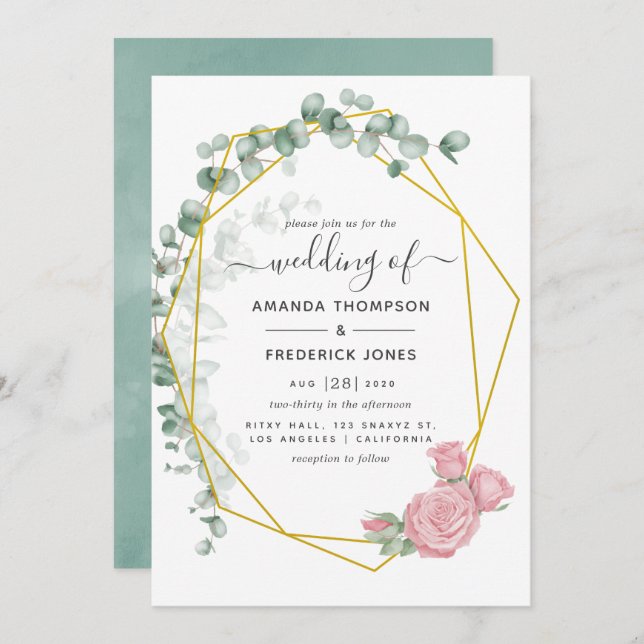 Eucalyptus Rose Geometric Wedding Invitation (Front/Back)