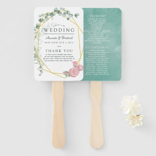 Eucalyptus Rose Geometric Wedding Program Hand Fan