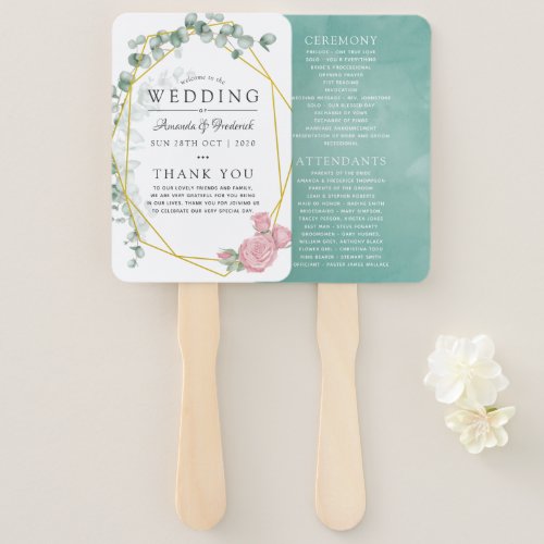 Eucalyptus Rose Geometric Wedding Program Hand Fan