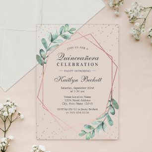 Eucalyptus Rose Gold Quinceañera 15th Birthday Acrylic Invitations