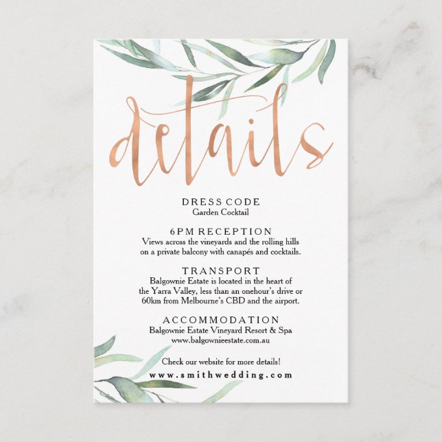 Eucalyptus Rose Gold Wedding Details Card (Front)