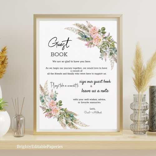 Eucalyptus  Rose Watercolor Guest Book Template