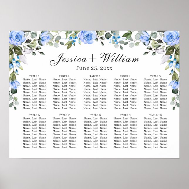 Eucalyptus & Roses 10 Tables Wedding SEATING CHART (Front)