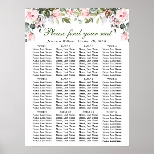 Eucalyptus  Roses 12 Tables Wedding SEATING CHART