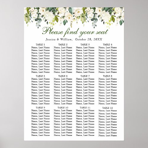 Eucalyptus  Roses 12 Tables Wedding SEATING CHART