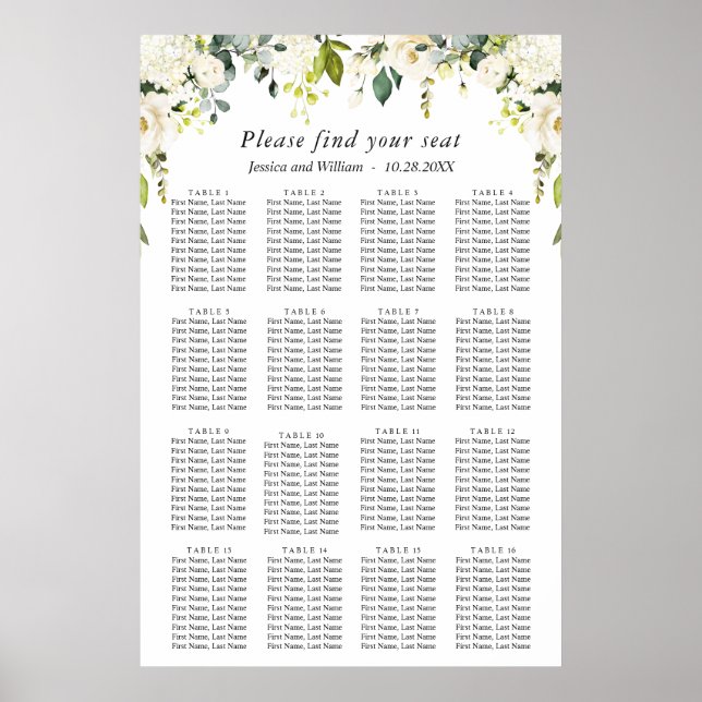 Eucalyptus & Roses 16 Tables Wedding SEATING CHART (Front)
