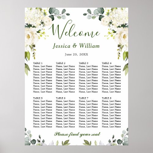 Eucalyptus  Roses 8 Tables Wedding SEATING CHART