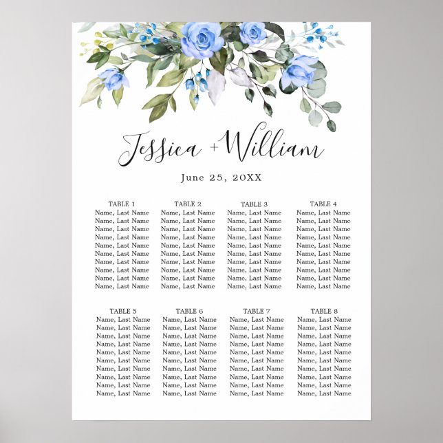 Eucalyptus & Roses 8 Tables Wedding SEATING CHART (Front)