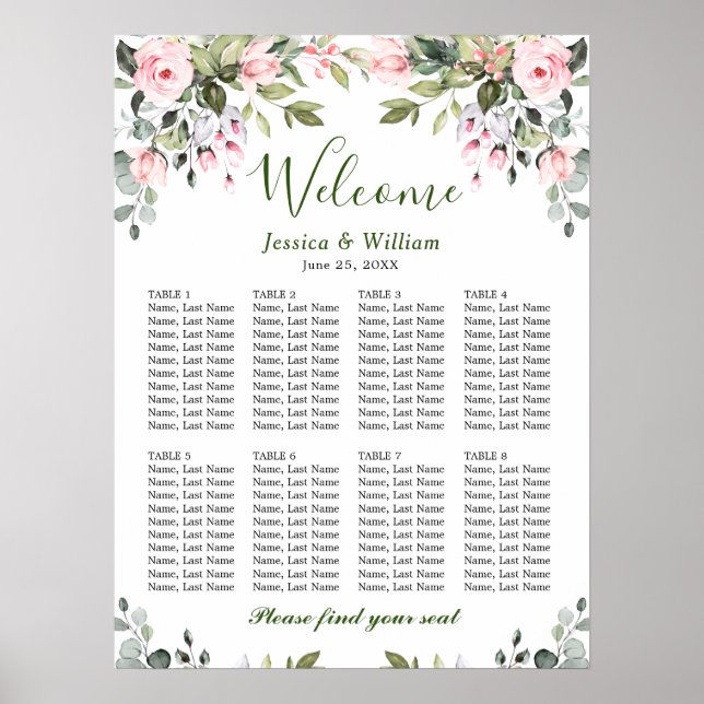 Eucalyptus & Roses 8 Tables Wedding SEATING CHART (Front)