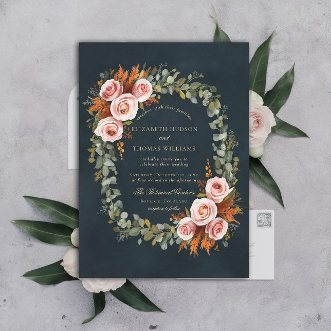 Eucalyptus Roses Copper Wreath Frame Fall Wedding Invitation (fall wedding invitation botanical wreath roses eucalyptus elegant formal modern classic copper green)