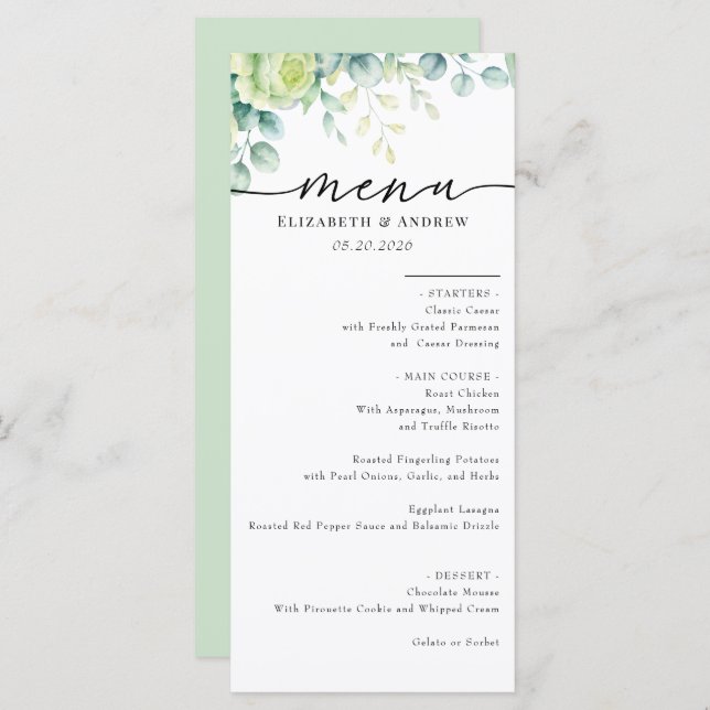 Eucalyptus Roses | Elegant Boho Greenery Wedding Menu (Front/Back)