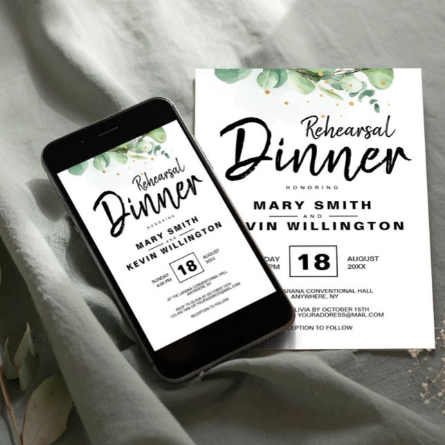 Eucalyptus Rustic Boho Wedding Rehearsal Dinner Invitation (Rustic Modern Simple Boho Wedding Rehearsal Dinner Invitation, The Night Before Invite)