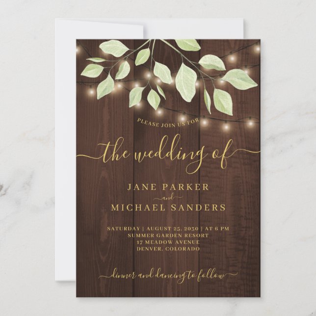 Eucalyptus rustic country wood lights wedding invitation (Front)
