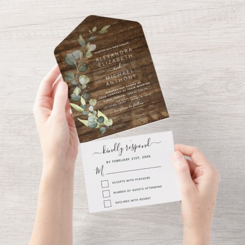 Eucalyptus Rustic Country Wood Wedding All In One Invitation