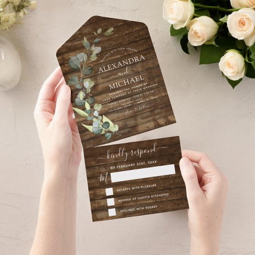 Eucalyptus Rustic Country Wood Wedding RSVP All In One Invitation