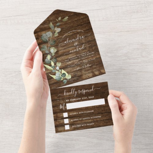 Eucalyptus Rustic Country Wood Wedding RSVP All In One Invitation