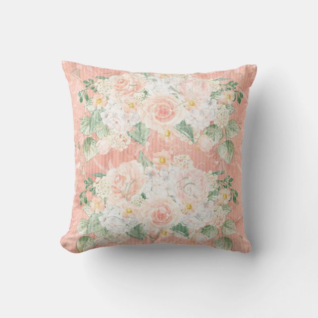 Eucalyptus Rustic Floral Green Peach Throw Pillow (Front)