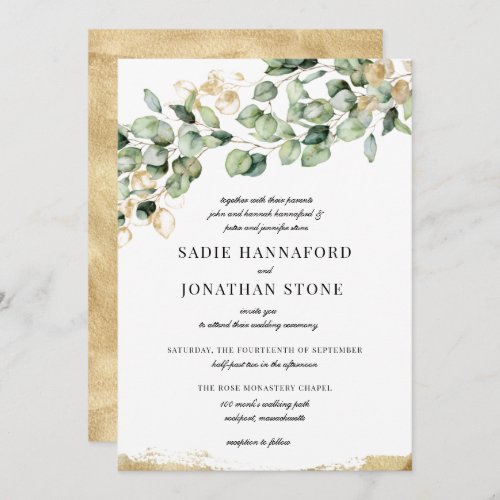 Eucalyptus Rustic Gold Elegant Botanical Wedding Invitation