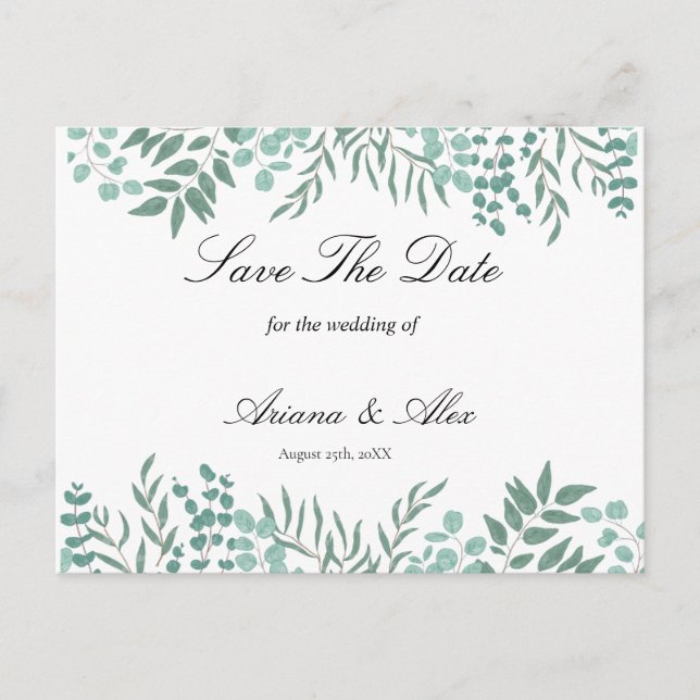 Eucalyptus Rustic Greenery Wedding  Save The Date Postcard (Front)