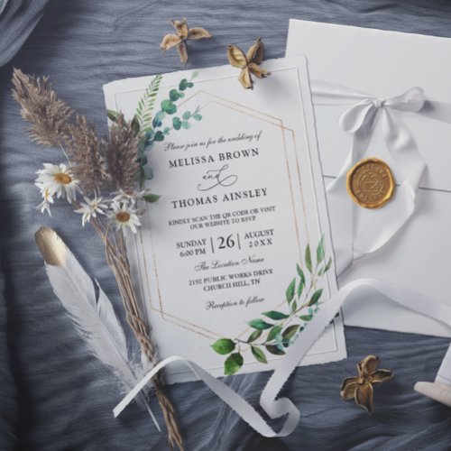 Eucalyptus Rustic Modern Budget QR Code Wedding Invitation