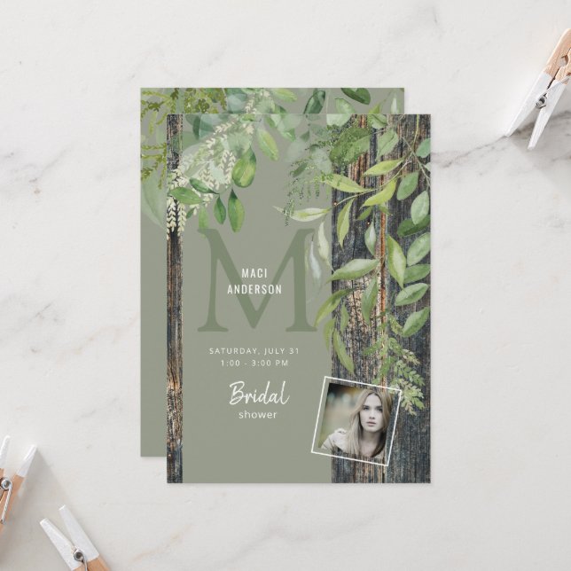 Eucalyptus Rustic Photo Sage Bridal Shower  Invitation (Front/Back In Situ)