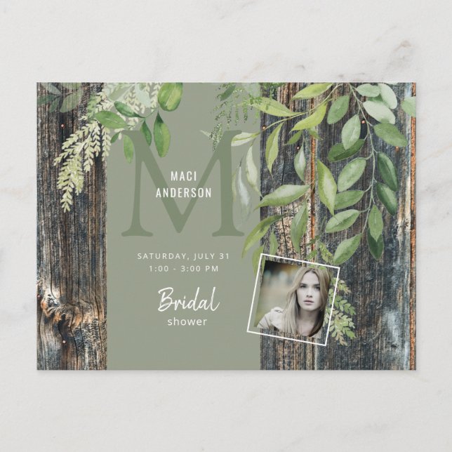 Eucalyptus Rustic Photo Sage Bridal Shower  Invitation Postcard (Front)
