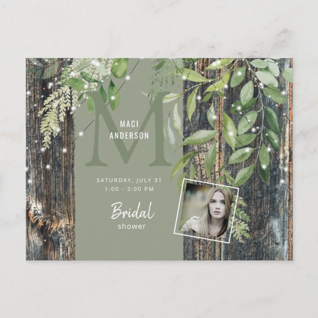 Eucalyptus Rustic Photo Sage Bridal Shower Lights Invitation Postcard (Front)