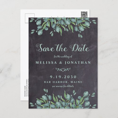 Eucalyptus Rustic QR Code Wedding Save The Date Postcard