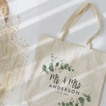 Eucalyptus rustic simple modern mr and mrs favour tote bag<br><div class="desc">Budget beautiful delicate eucalyptus foliage wedding or anniversary Mr and Mrs personalized pillow design. Modern elegant on trend sage green,  black,  navy blue and white stylish contemporary rustic collection.</div>