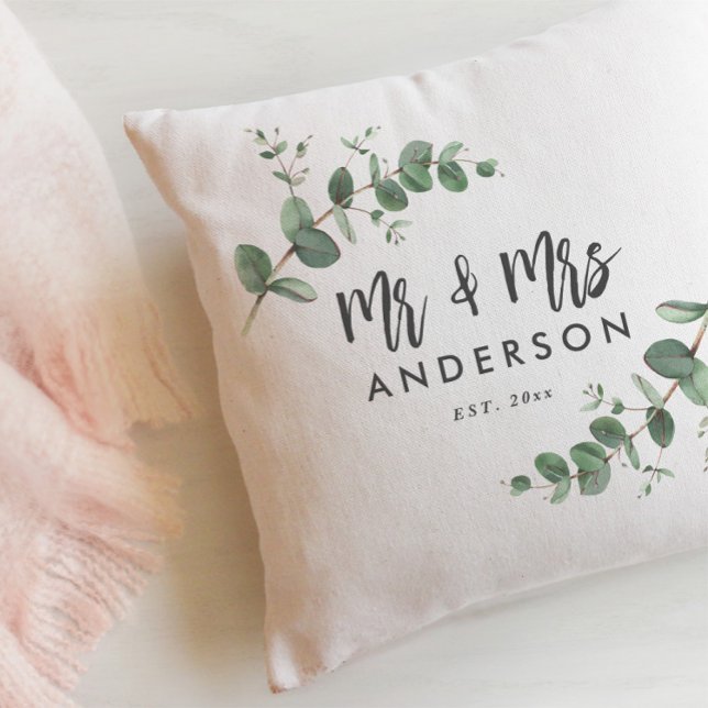 Eucalyptus rustic simple modern mr and mrs gift throw pillow (Creator Uploaded)
