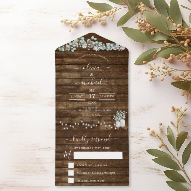 Eucalyptus Rustic Wedding String Lights RSVP  All In One Invitation (Creator Uploaded)