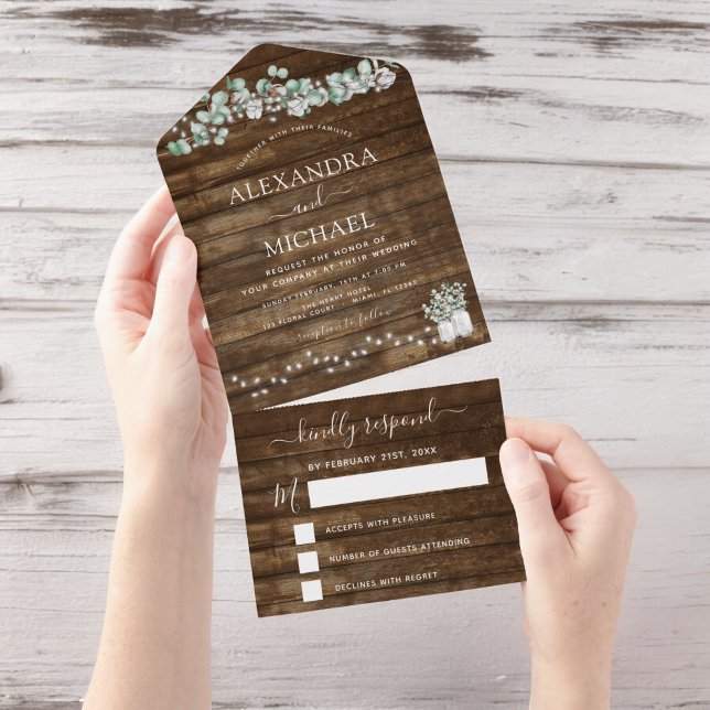Eucalyptus Rustic Wedding String Lights RSVP All In One Invitation (Creator Uploaded)