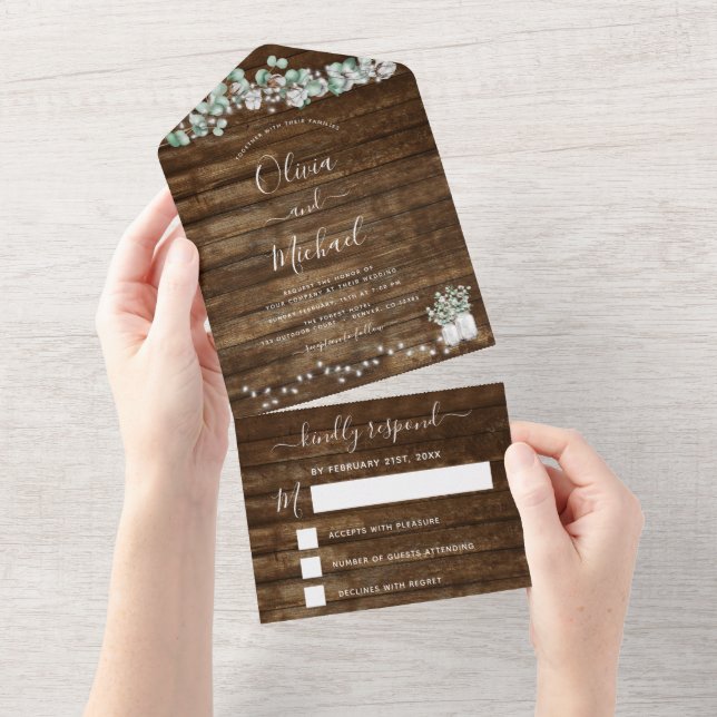 Eucalyptus Rustic Wedding String Lights RSVP All In One Invitation (Tearaway)