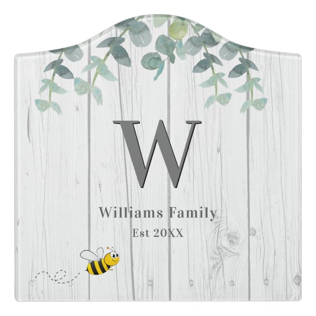 Eucalyptus rustic white wood bee monogram door sign (Large Crest Front)