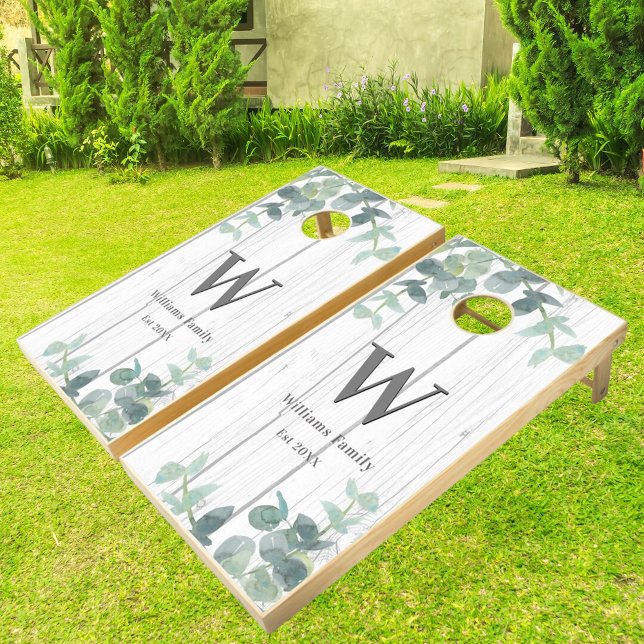 Eucalyptus rustic white wood family monogram cornhole set (Creator Uploaded)