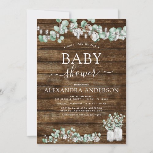 Eucalyptus Rustic Wood Baby Shower Lights Jar Invitation