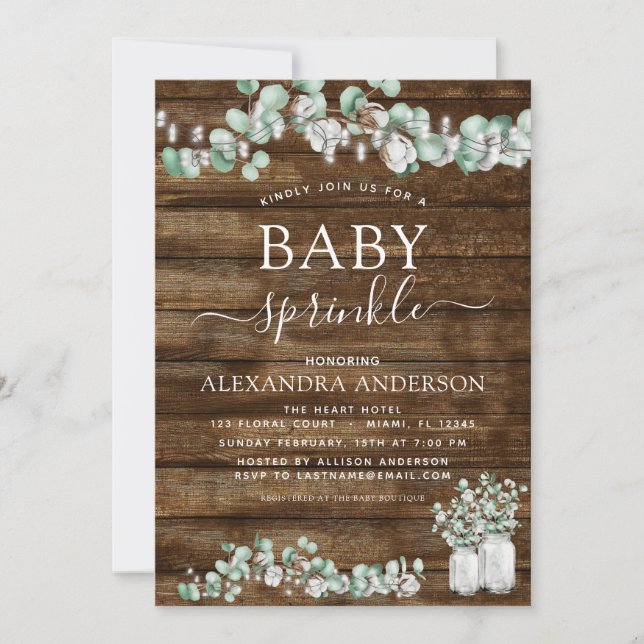Eucalyptus Rustic Wood Baby Sprinkle Lights Jar Invitation (Front)