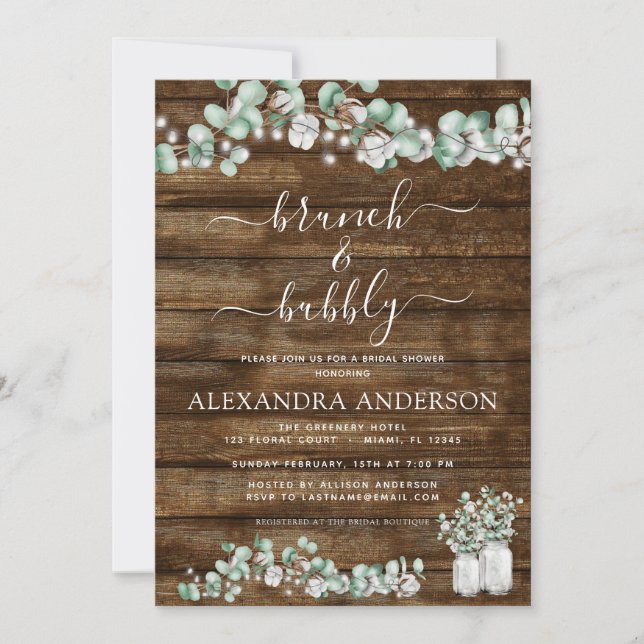 Eucalyptus Rustic Wood Brunch & Bubbly Lights Jar Invitation (Front)