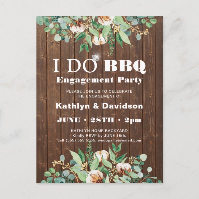 Eucalyptus Rustic Wood Engagement BBQ Invitation Postcard (Front)