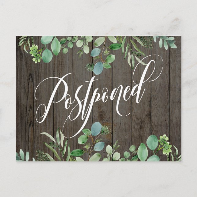 Eucalyptus & Rustic Wood Postponed Wedding Postcard (Front)