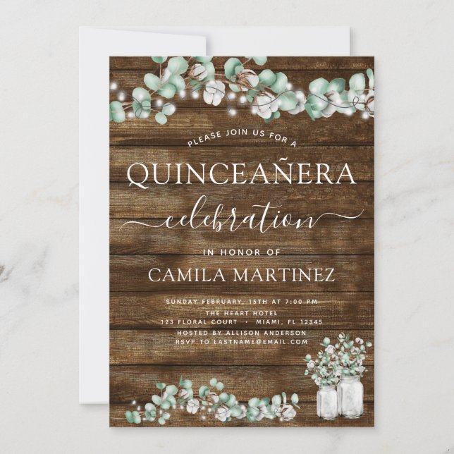Eucalyptus Rustic Wood Quinceanera Celebration Invitation (Front)