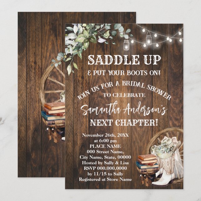 Eucalyptus Saddle Up Boots & Books Bridal Shower Invitation (Front/Back)