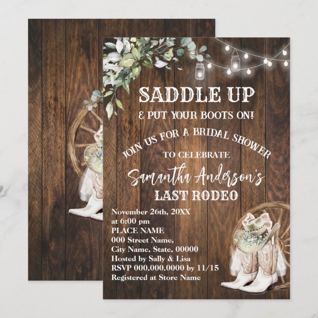 Eucalyptus Saddle Up Put Your Boots Cowgirl Shower Invitation (Front/Back)