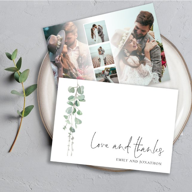Eucalyptus Sage 5 Photos Names Wedding Love Thanks Note Card (front and back view)