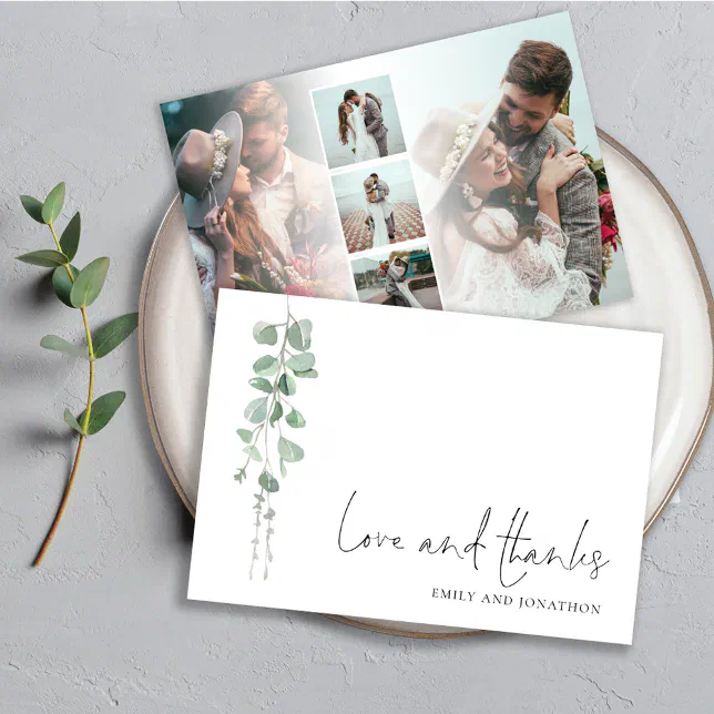 Eucalyptus Sage 5 Photos Names Wedding Love Thanks Note Card | Zazzle