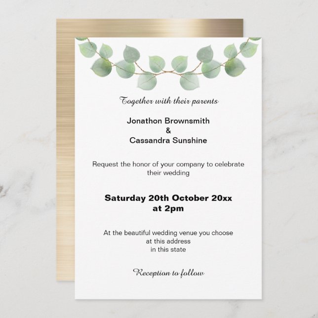 EUCALYPTUS SAGE BRUSHED GOLD WEDDING INVITATION (Front/Back)